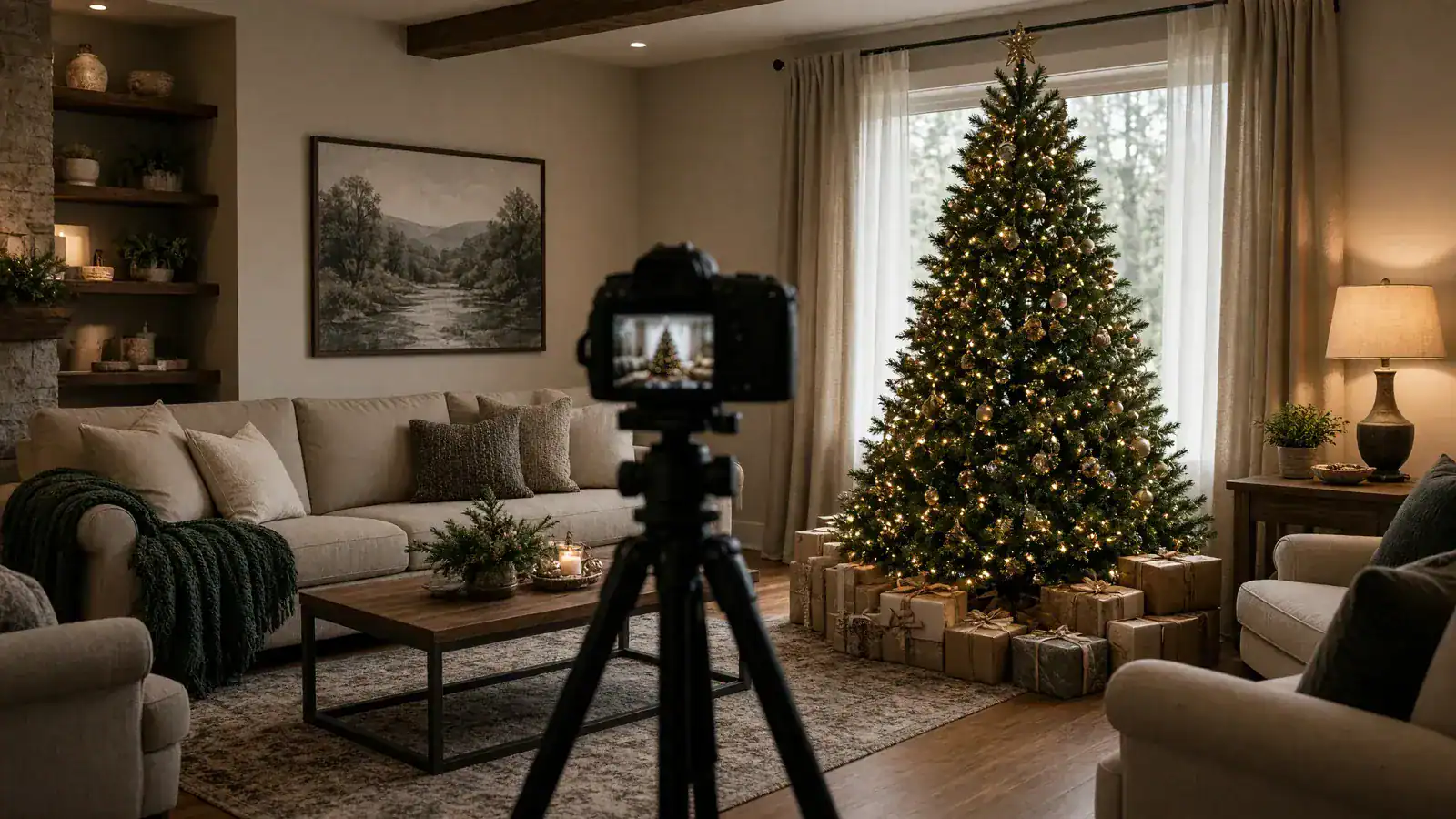 Christmas party themes in Atlanta: empty living room with a tree, gifts, and a camera on a tripod.