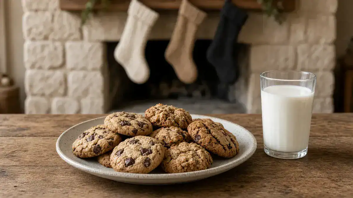 Christmas party ideas at home in Atlanta: cookies and milk by a fireplace with stockings.