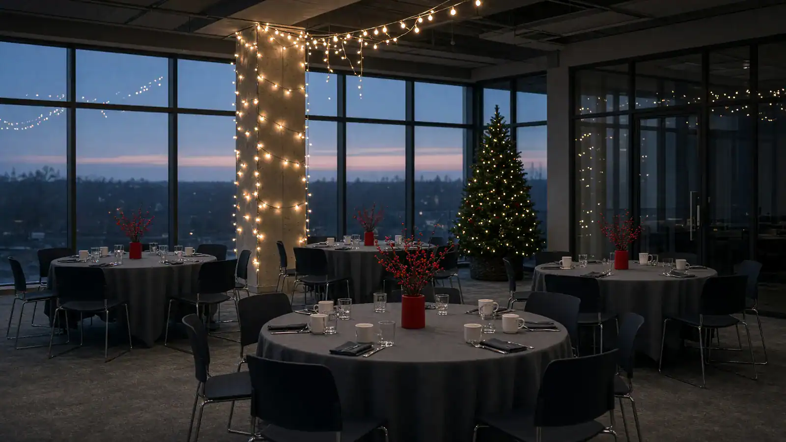 Christmas party ideas for work in Atlanta: empty office party room with tables, lights, and a tree.