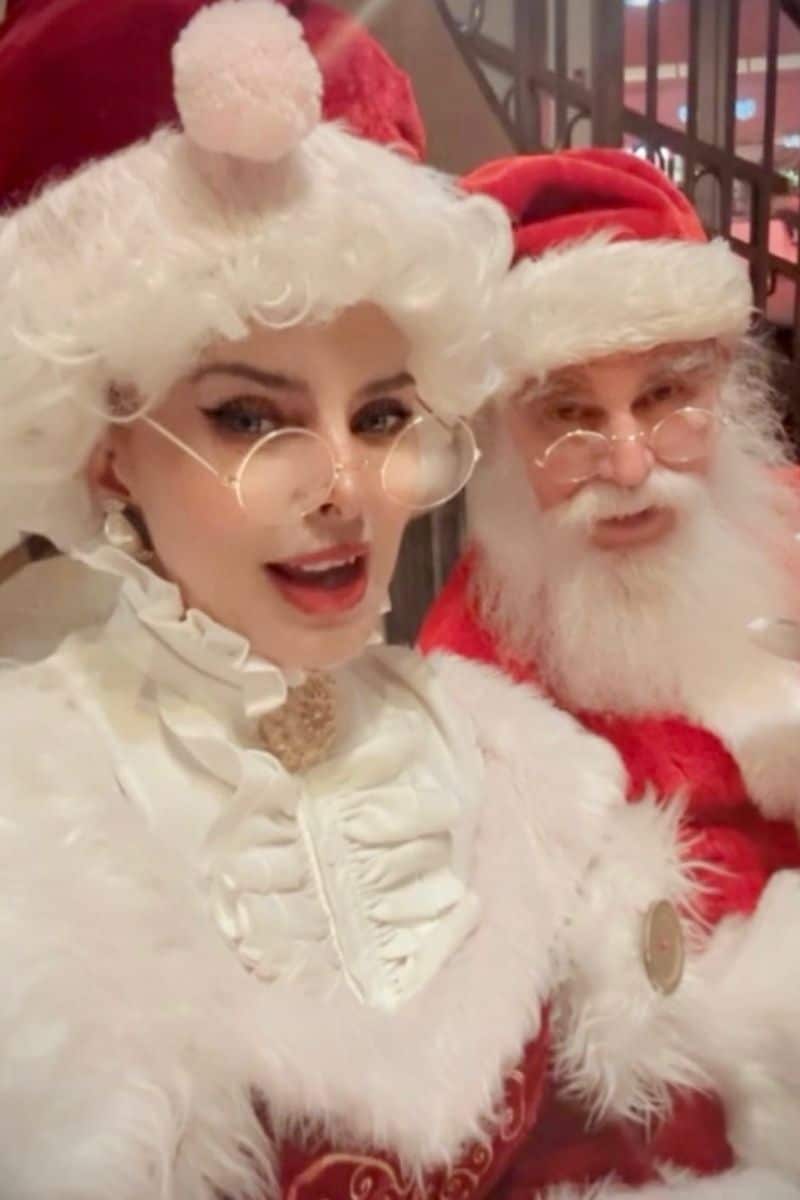 Santa for hire in Atlanta: Mrs. Claus in white ruffles beside Santa in a red suit.