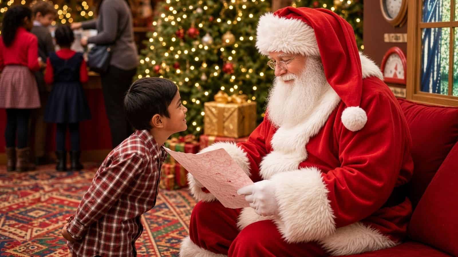Rent a Santa near me in Atlanta: Santa by a tree reading a letter with a child.