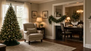 Empty living room with a lit Christmas tree, armchair, and wrapped gifts, christmas party ideas 2026 in Atlanta, GA.