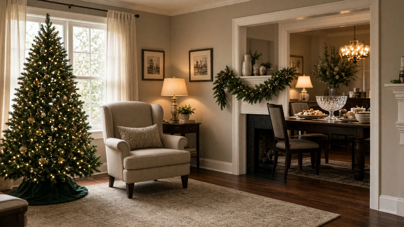 Empty living room with a lit Christmas tree, armchair, and wrapped gifts, christmas party ideas 2026 in Atlanta, GA.