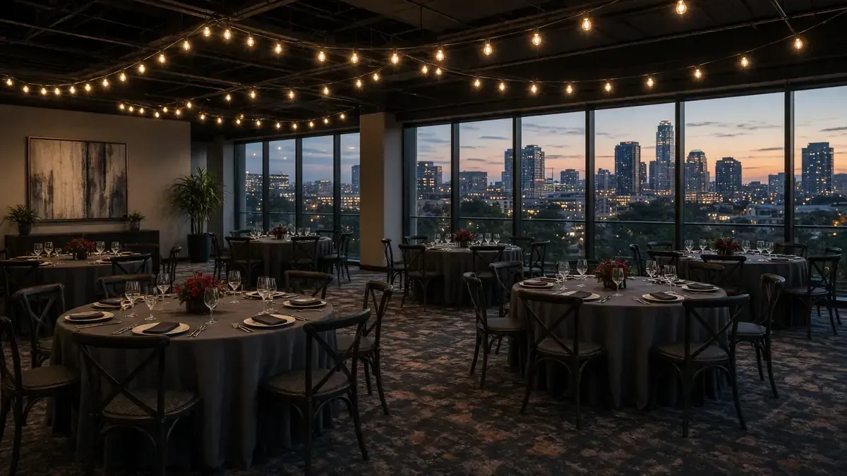 Empty party room with round tables, string lights, and a lit tree, christmas party ideas for 50 people in Atlanta, GA.
