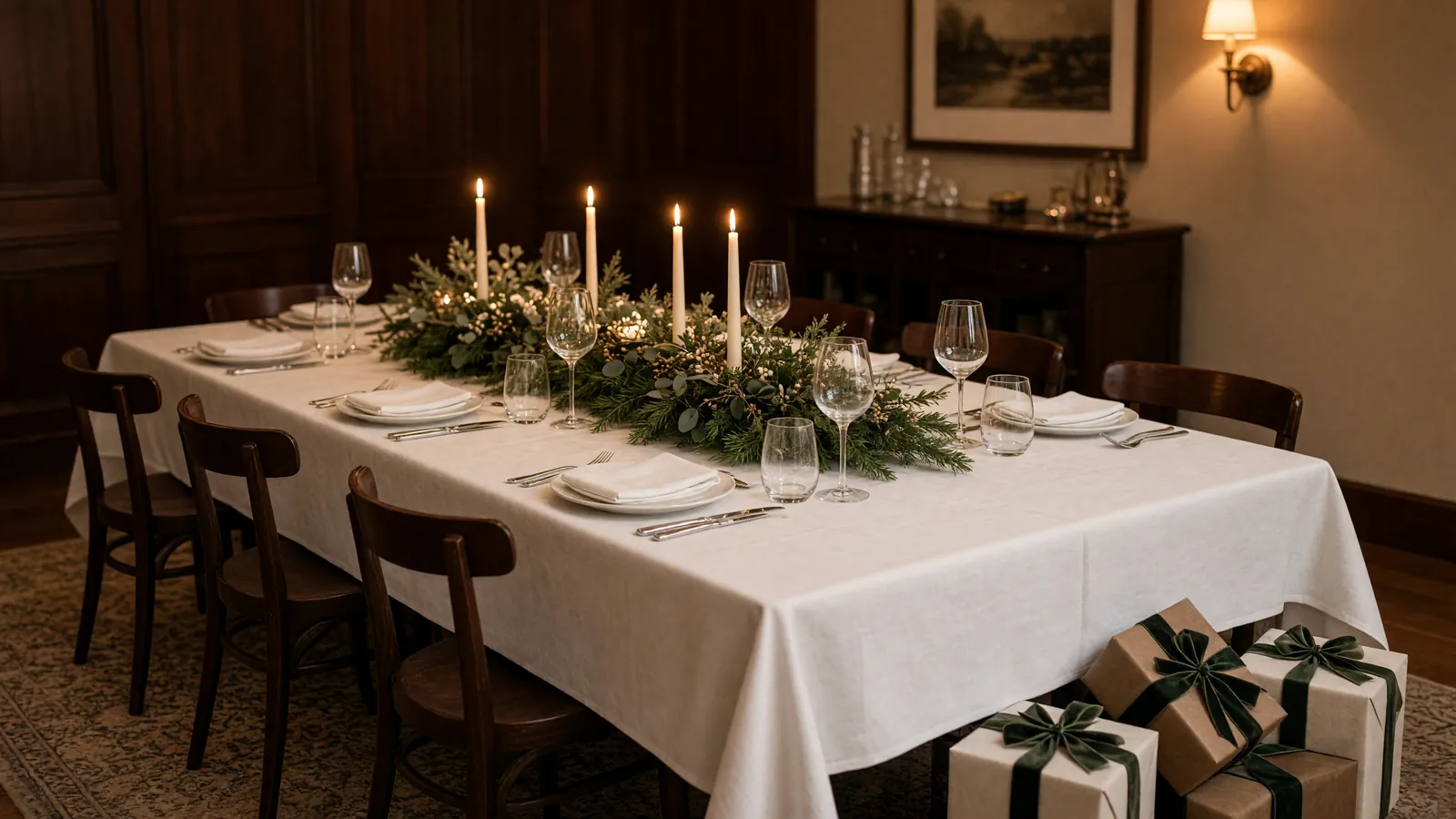 Empty dinner table with greenery, candles, and ribbon-wrapped gifts, christmas party ideas for adults in Atlanta, GA.