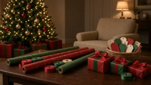 Empty dining table with wrapping paper, ribbon, and gift tags, christmas party theme names in Atlanta, GA.