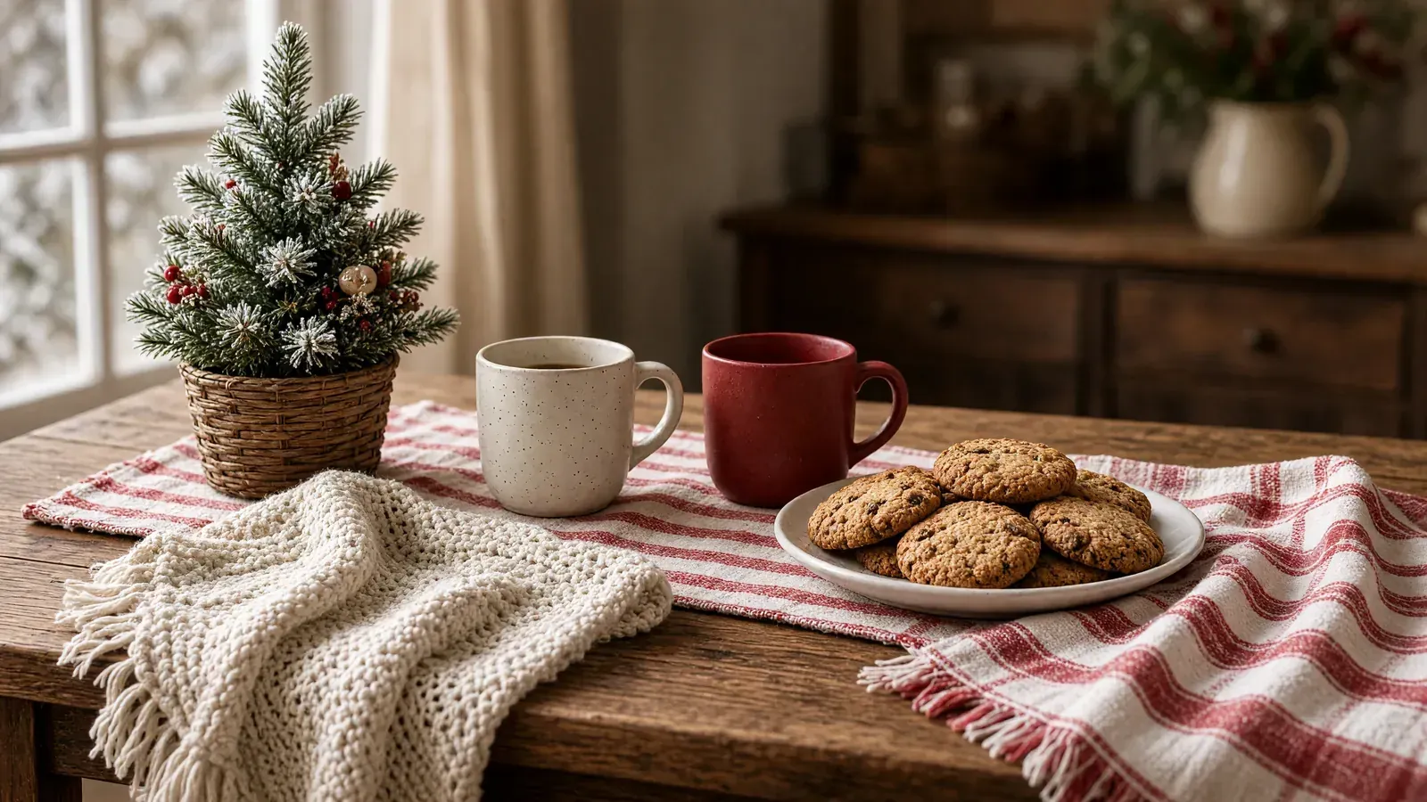Empty kitchen table with cookies, mugs, and a small Christmas tree, christmas party themes for kids in Atlanta, GA.