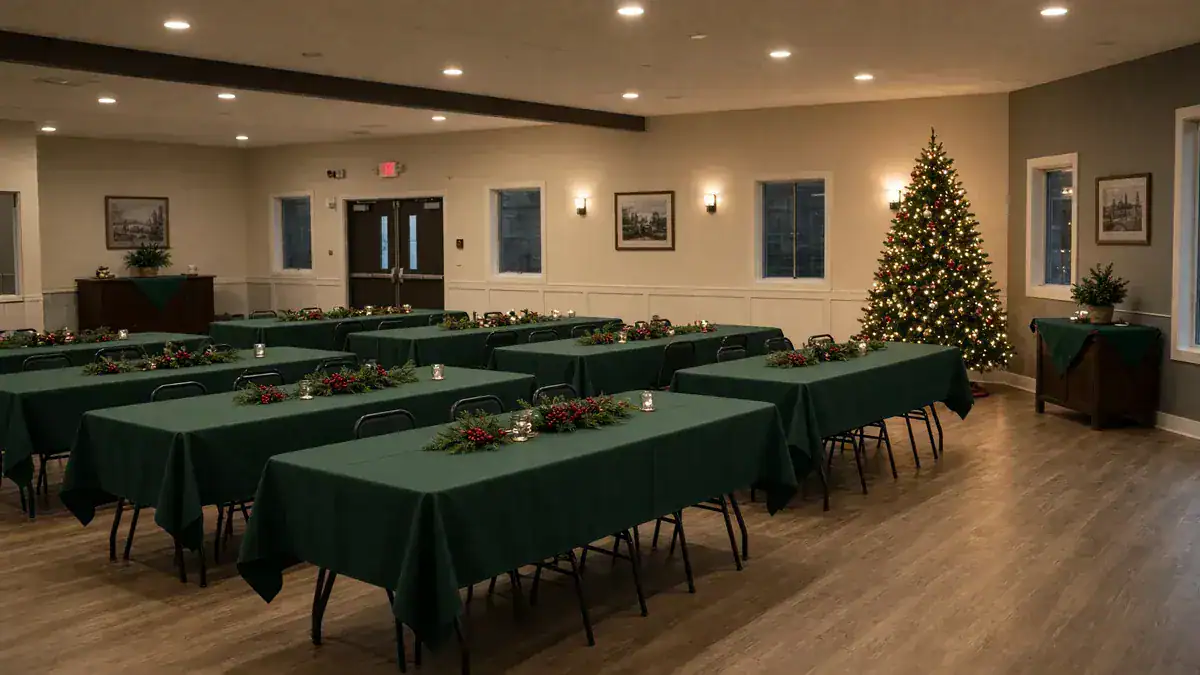 Empty fellowship hall with long tables and a Christmas tree in the corner.