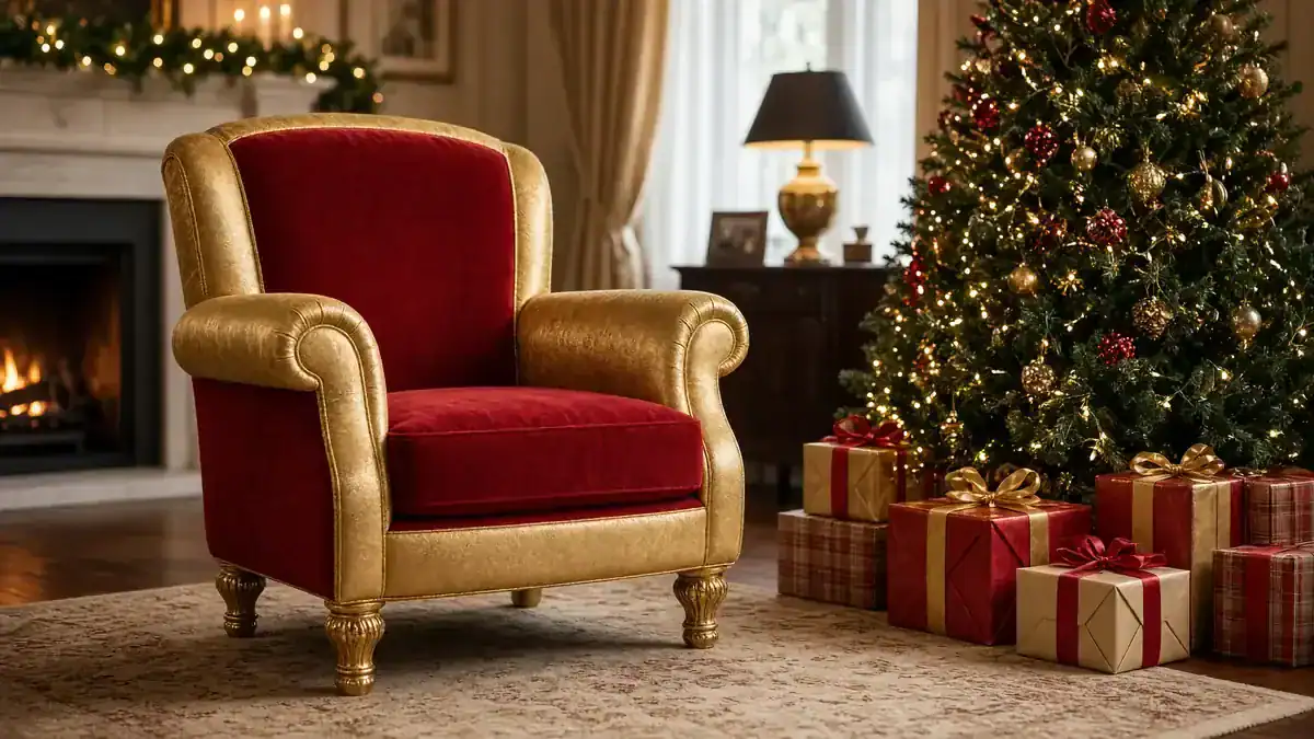 Empty gold and red Santa chair beside a Christmas tree and wrapped gifts, no person.