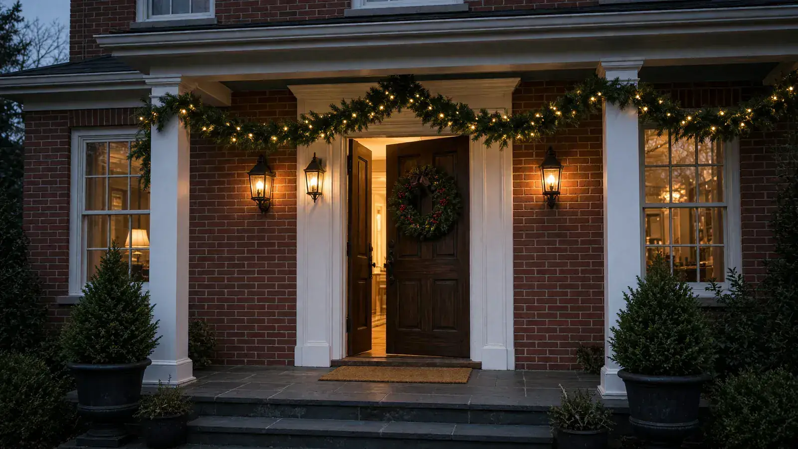 Front porch with Christmas lights and a wreath, empty, for booking Santa in Atlanta.
