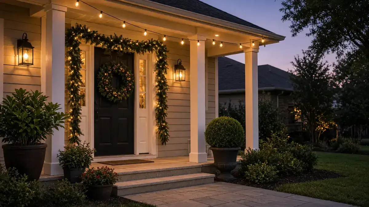 Porch wreath and string lights at dusk, empty, Atlanta home visit timing.