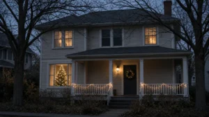 Brick house with a wreath on the front door, empty, Santa visit in Duluth and Lawrenceville, GA.