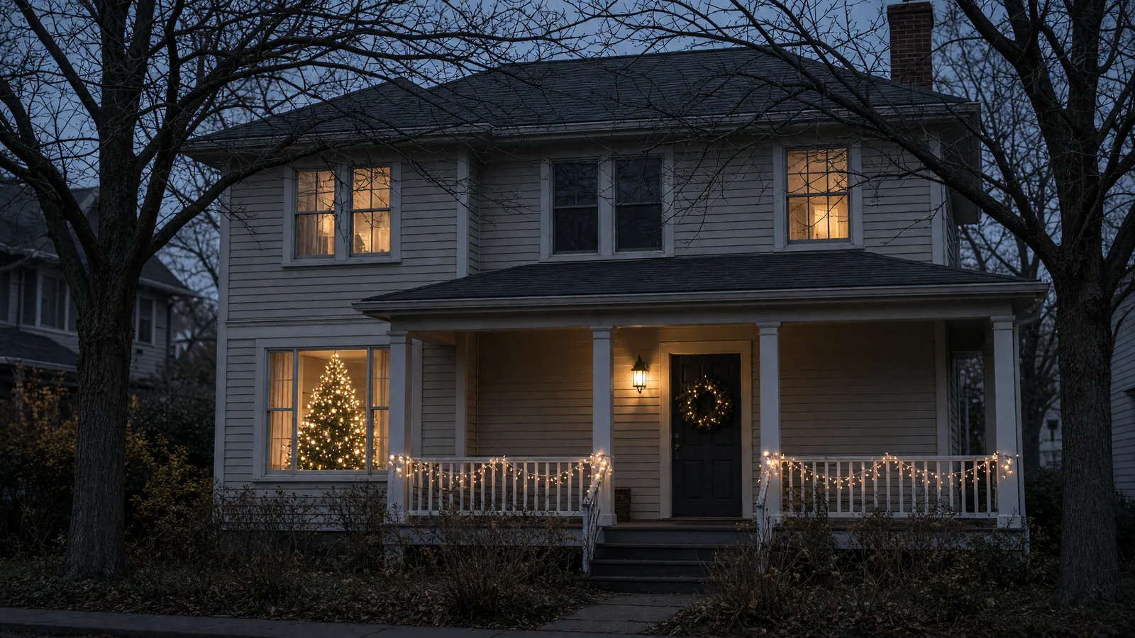 Brick house with a wreath on the front door, empty, Santa visit in Duluth and Lawrenceville, GA.