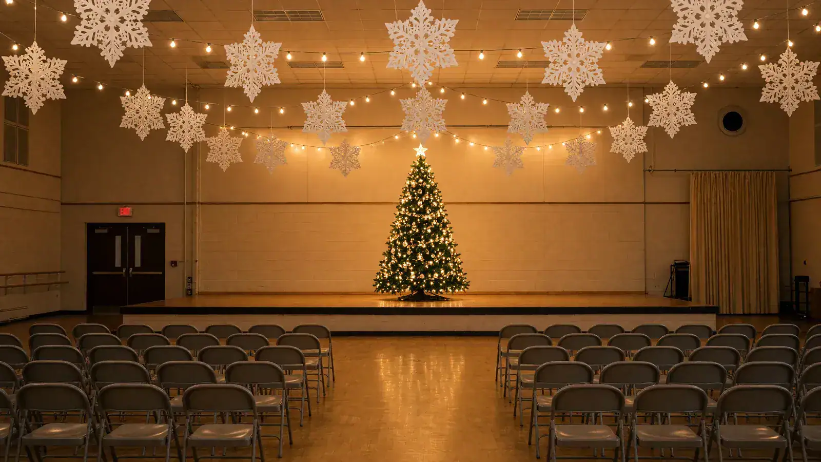 Empty gym set for a Christmas program with a tree on stage and folding chairs.