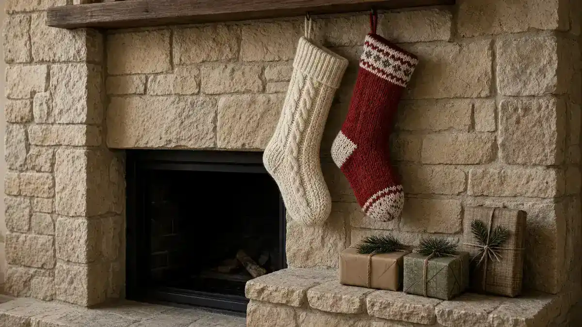 Two stockings on a fireplace hearth with small gifts, empty scene for Atlanta Santa photos.